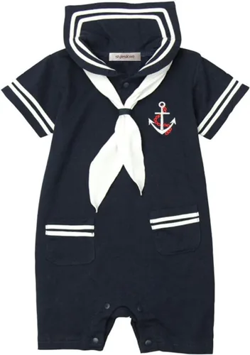 Vista 2 de stylesilove. com Mameluco de algodón marinero marino para bebé niño con sombrero y corbata 3 piezas traje de vacaciones