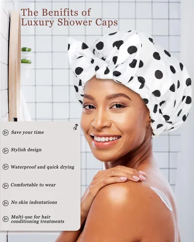 Vista 4 de 2 piezas de gorras de ducha para mujer, gorras de ducha reutilizables impermeables para el cabello con moño ajustable, lujosa gorra de baño para Rosa