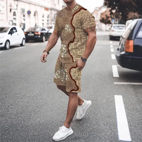 Vista 3 de Conjunto de pantalones cortos de manga corta con estampado digital 3D para hombre, conjunto de dos piezas, trajes ajustados