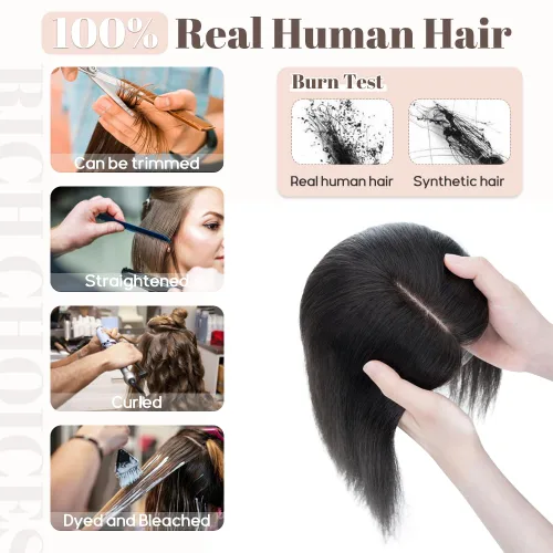 Vista 5 de Rich Choices Toppers de cabello humano real para mujer, sin flequillo, base de seda, clip, extensiones Remy para mujeres con cabello delgado, 14