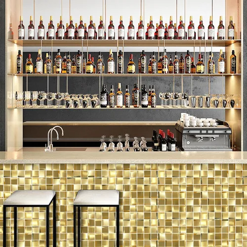 Vista 5 de Paneles de pared 3D, azulejos de mosaico de metal dorado de 2 x 2 pulgadas, decoración de pared dorada [5 hojas]
