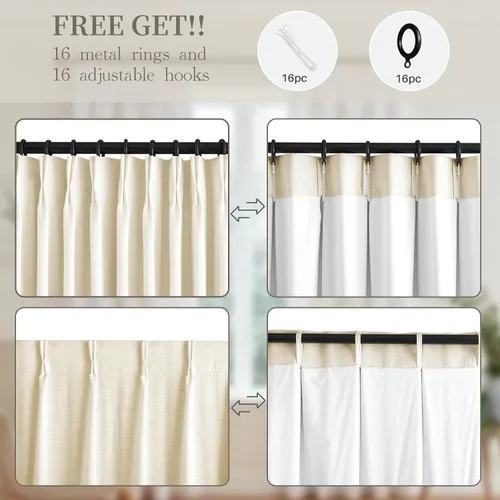 Vista 3 de YZ HOME Cortinas opacas con pliegues pellizco de lino texturizado de 102 pulgadas de largo, 2 paneles para dormitorio, pestañas traseras con riel