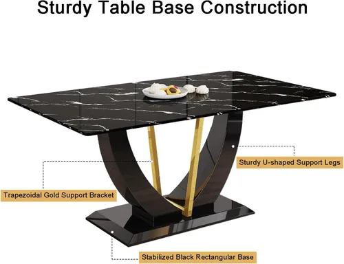 Vista 4 de Juego de mesa de comedor de 71 pulgadas para 8, juego de mesa de comedor de mármol sintético negro para 8, juego de mesa de cocina rectangular