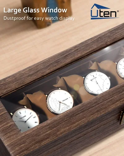 Vista 3 de Uten Caja de reloj con 6 ranuras, organizador de caja de reloj con tapa de vidrio real, caja de almacenamiento de cuero sintético de grano de madera