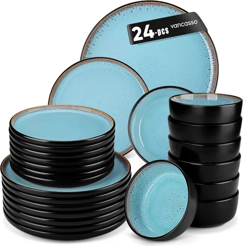 Vista 17 de vancasso Juego de platos y cuencos, juego de vajilla de gres de 18 piezas para 6, juego de platos de cocina de gres apto para microondas y Marrón