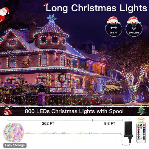 Vista 2 de Luces de Navidad para exteriores, 800 LED de 262 pies, luces de hadas multicolor IP67 impermeables, tira de luces enchufables con control remoto, 8