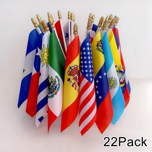 Vista 5 de Banderas de América Latina de 22 países en palo, pequeña bandera de mano de habla española, 5 x 8 pulgadas, paquete de 22