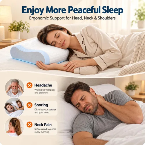 Vista 7 de Eletronova Almohada de espuma viscoelástica para dolor de cuello, almohada cervical CertiPUR-US® con diseño de doble altura, funda de enfriamiento