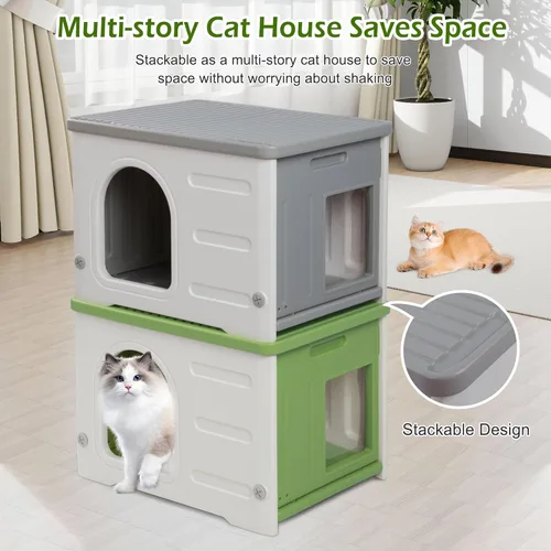 Vista 4 de Casa impermeable para gatos al aire libre, casa de plástico para gatos con puerta de escape y alfombrilla suave, refugio grande para gatos