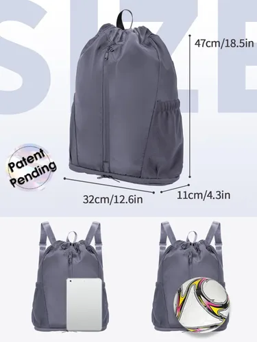 Vista 8 de sportsnew Mochila deportiva con cordón y compartimento para zapatos, mochila con cordón para mujeres y hombres, patente pendiente, Gris, Classic