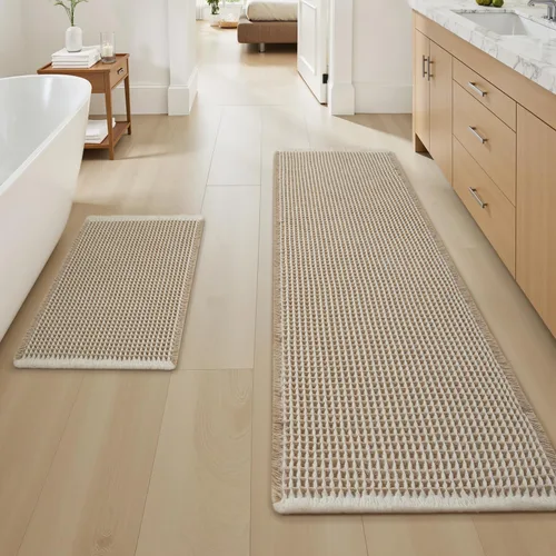 Vista 24 de AMOAMI Tapete de baño mejorado con diseño de gofre, súper absorbente, antideslizante, para suelo de baño, lavable a máquina, con borlas, tapetes