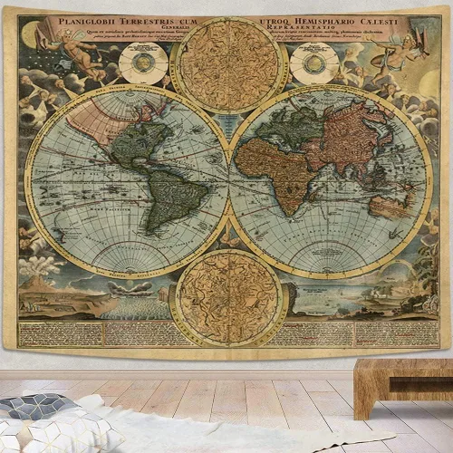 Vista 3 de Tapiz de Mapa del Mundo Vintage, Arte de Pared de Mapa Náutico Antiguo del Mundo, Tapiz Pirata Retro de Atlas Geográfico Histórico Wanderlust