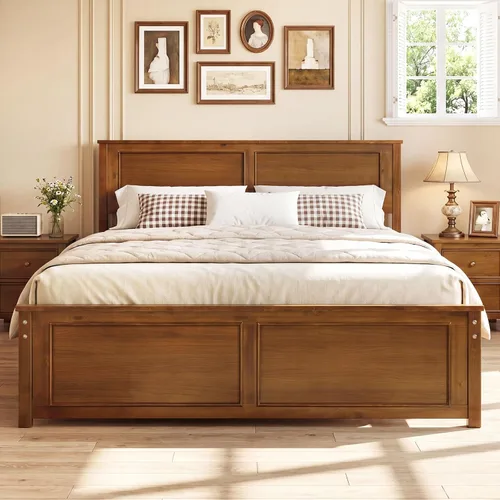 Vista 17 de Giantex Marco de cama individual con cabecero, cama de plataforma de madera maciza de mediados de siglo, cama de panel individual con soporte