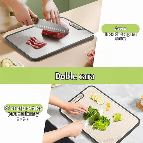 Vista 8 de Tablas de cortar de acero inoxidable para cocina, tabla de cortar 2 en 1 no tóxica de doble cara, tablas de cortar de grado alimenticio para carne