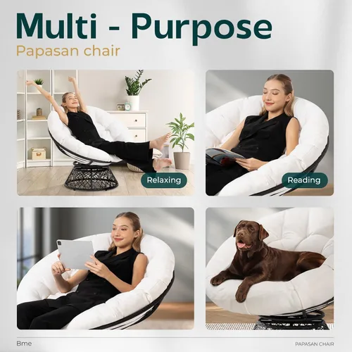 Vista 6 de Bme Silla Papasan ergonómica de mimbre de 40 pulgadas con cojín y marco suaves y gruesos, giro de 360°, círculo, lectura, silla cómoda para sala