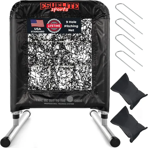Vista 7 de Heavy-Duty 9 Hole Pro Style Baseball & Softball Pitching Net with Strike Zone Target Adjustable Portable Design
