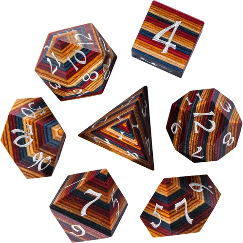 Vista 9 de Juego de dados D&D de sándalo rojo, dados poliédricos de madera natural con caja de lata de metal para juegos de rol y juegos de mesa