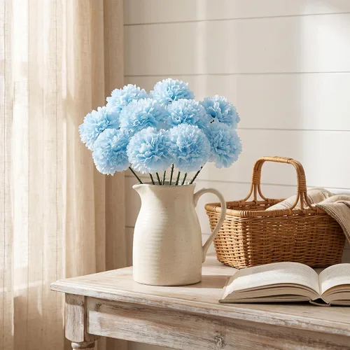 Vista 4 de Larksilk Real Touch - Púas de clavel de seda azul – 100 unidades a granel, cabezas de flores artificiales de 3.5 pulgadas con tallos de 5 pulgadas