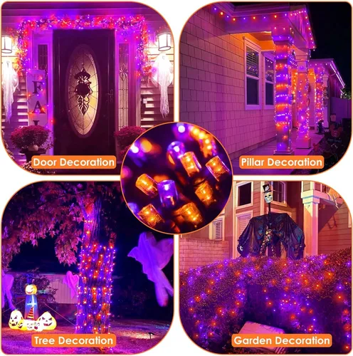 Vista 3 de Guirnalda de luces moradas y naranjas de Halloween, se pueden conectar entre sí, 2 unidades, 164 pies, 400 LED, 13 modos, impermeable