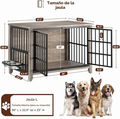 Vista 4 de Lulive Muebles para jaula para perros, 37.8 pulgadas de largo x 23.6 pulgadas de ancho x 27 pulgadas de alto, gris