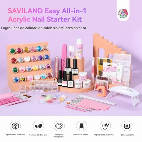 Vista 2 de SAVILAND Essentials Kit de uñas acrílicas: Kit de uñas todo en uno fácil y premium con polvo acrílico transparente, blanco y rosa, EMA monómero