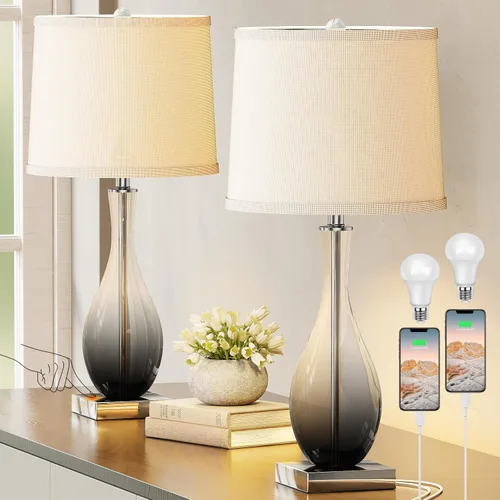 Vista 8 de Juego de 2 lámparas de mesa con control táctil, lámpara de mesa de vidrio moderna regulable de 3 vías para sala de estar con puertos de carga USB C