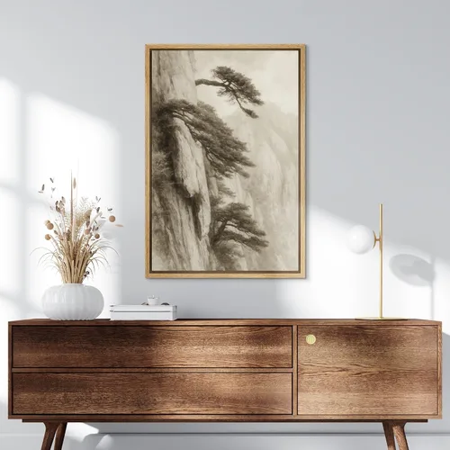 Vista 3 de SIGNLEADER Lienzo enmarcado para pared, pinos resistentes en acantilado, árbol de montaña en tono sepia, ilustración de paisaje, arte moderno