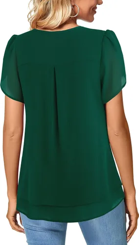 Vista 3 de Furnex Blusas de manga corta con cuello en V para mujer, diseño de pétalos de doble capa, túnica de gasa