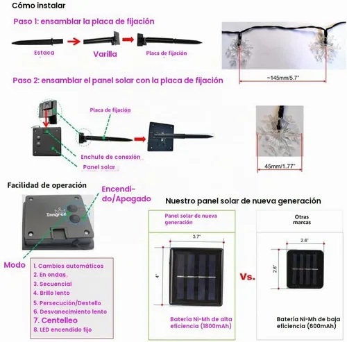 Vista 3 de Guirnalda de luces solares de Navidad para exteriores, impermeables, 30 LED, 20 pies, copos de nieve, luces de hadas de Navidad con 8 modos