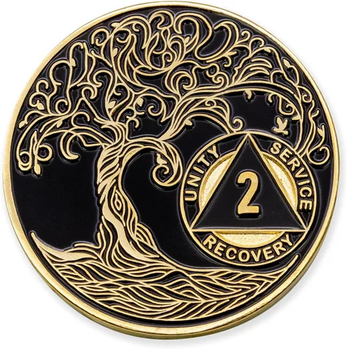 Vista 240 de 1 año Sobriety Mint Twisted Tree of Life Medallón de recuperación AA chapado en oro, chip/ficha - negro