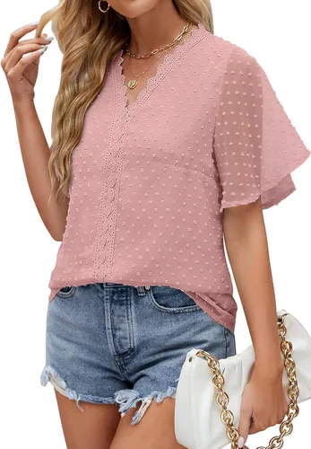 Vista 3 de WEESO Womens Tops Ruffle Sleeve V Neck Dressy Casual T Shirts Summer Fashion 2023
