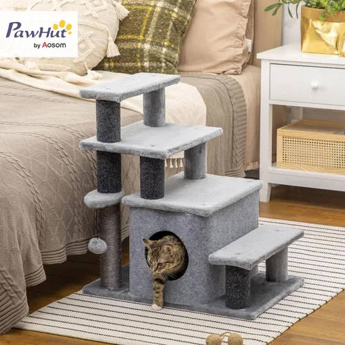 Vista 2 de PawHut Escaleras para mascotas con poste rascador de sisal para gatos Escalones para gatos de altura ajustable de 3/4, condominio, pelota de juguete