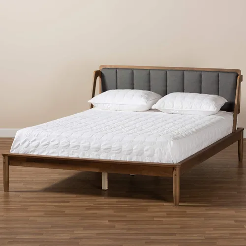 Vista 8 de Baxton Studio Helsa Mid-Century - Cama tapizada de tela gris oscuro y acabado de nogal, tamaño Queen