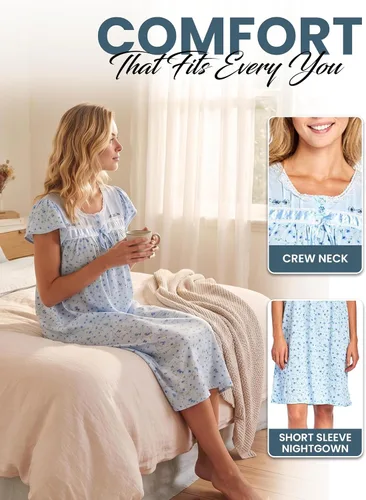 Vista 4 de Casual Nights Camisón de manga larga para mujer, diseño floral. Azul