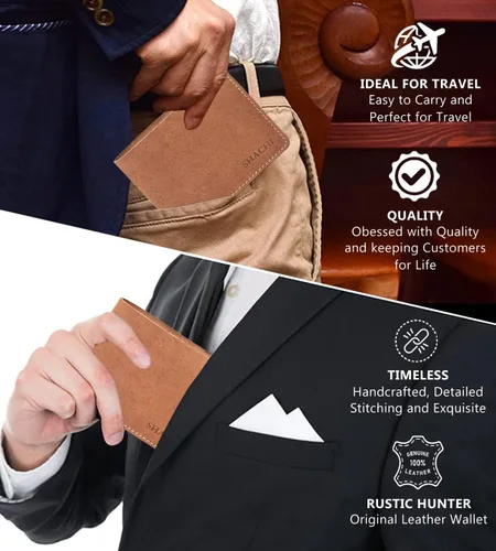 Vista 5 de Billetera de cuero para hombre, bolsillo frontal delgado y plegable con 4 ranuras para tarjetas y 1 compartimento, soporte para tarjetas múltiples
