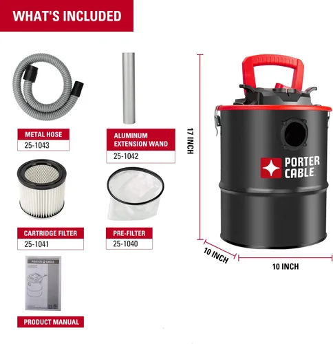 Vista 3 de Porter-Cable Aspiradora de Cenizas de 4 Galones 4 HP Pico, con Manguera de Metal, Prefiltro y Filtro de Cartucho, Ideal para Chimeneas, Fogatas