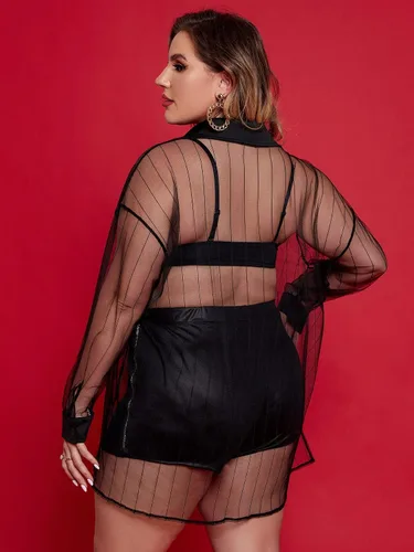 Vista 2 de MakeMeChic Blusa de manga larga con botones y malla transparente para mujer, talla grande