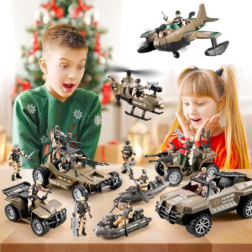 Vista 7 de Juguetes de Soldaditos 56 en 1 para Niños 4-7 6-8 8-12, Camión Militar/Helicóptero/Bote Kayak/Motocicleta/Figuras de Acción de Soldaditos/Equipos