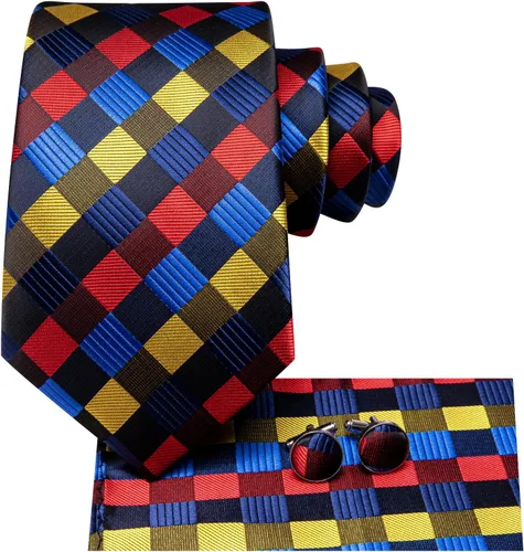 Vista 56 de Hi-Tie Corbata clásica de cachemira para hombre con pañuelo y gemelos a cuadros