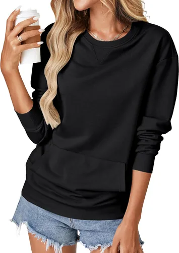 Vista 4 de OPOIPIN Suéter con bolsillo de manga larga y cuello redondo para mujer, estilo casual