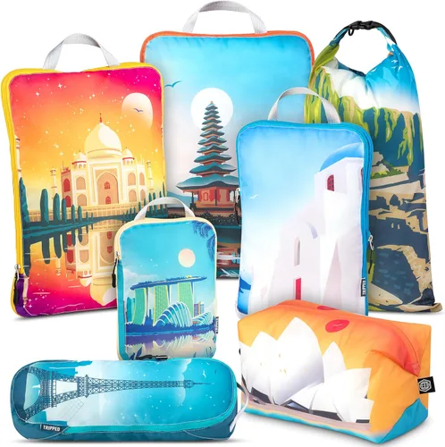 Vista 12 de TRIPPED Travel Gear Juego de 7 cubos de embalaje de compresión grandes para Negro