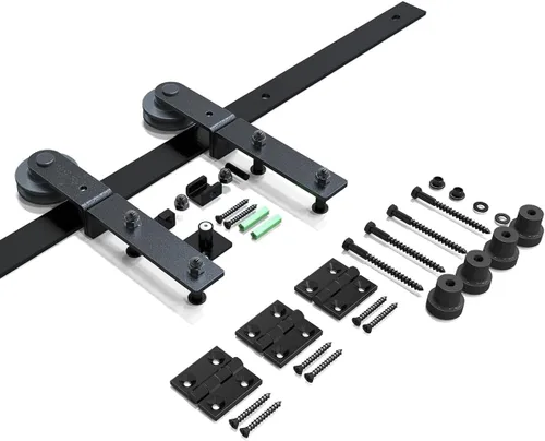Vista 5 de CCJH Kit de riel deslizante para puerta de granero biplegable de 3.3 pies/39 pulgadas para 2 puertas, acero al carbono resistente