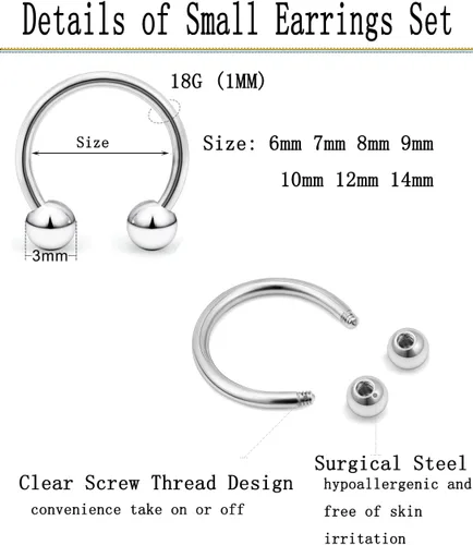 Vista 4 de Juego de 14 aros de acero quirúrgico de calibre 14161820 de 678910120.551 in, calibre 678910120.551 in, piercing para nariz, cartílago, rook
