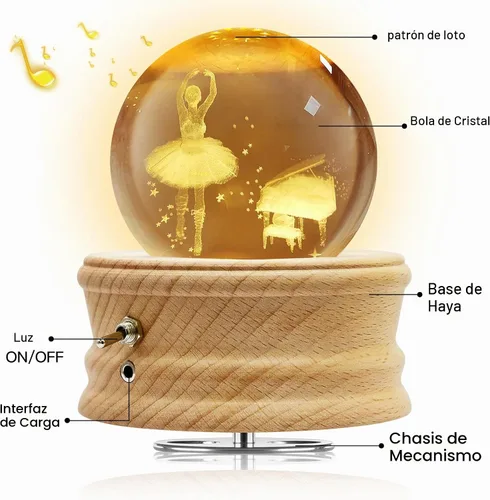 Vista 5 de Caja de música de bola de cristal 3D con luz LED de proyección y base de madera giratoria para Navidad, cumpleaños, día de San Valentín, cajas
