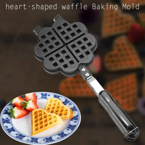 Vista 3 de HERCHR Molde para hacer gofres, de hierro fundido en forma de corazón, para panqueques, antiadherente, doble cara, molde para gofres con mango largo