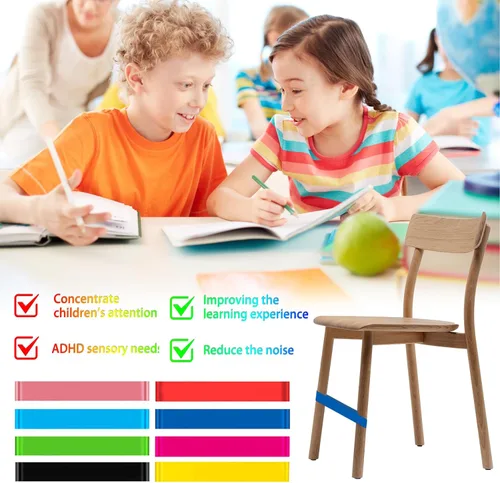 Vista 3 de Bandas de silla para niños con pies inquietos, paquete de 8, negro, material PTE, sensor de TDAH, aula y hogar