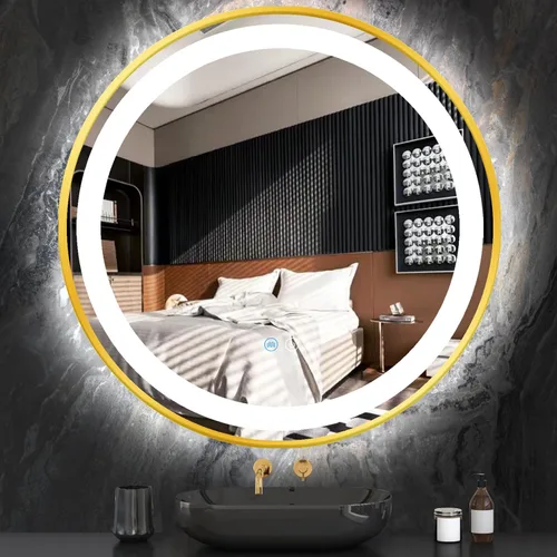 Vista 11 de Espejo de tocador redondo dorado con luces, luz frontal regulable de 3 colores, marco dorado de 16 pulgadas, espejo redondo iluminado para baño