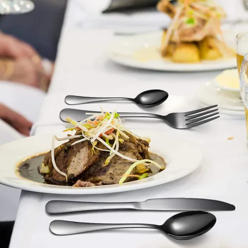 Vista 3 de Juego de cubiertos negros para 12 cubiertos de acero inoxidable, 60 piezas, cuchara, tenedor, cuchillo, utensilios de cocina, mango redondo ancho