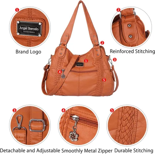 Vista 217 de Angel Barcelo - Bolsa de hombro amplia para mujer, diseño Hobo, cuero lavado