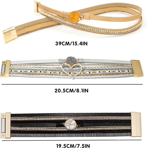 Vista 5 de Wowanoo - Juego de 3 pulseras de cuero multicapa con cuentas de cristal, cierre magnético para mujer
